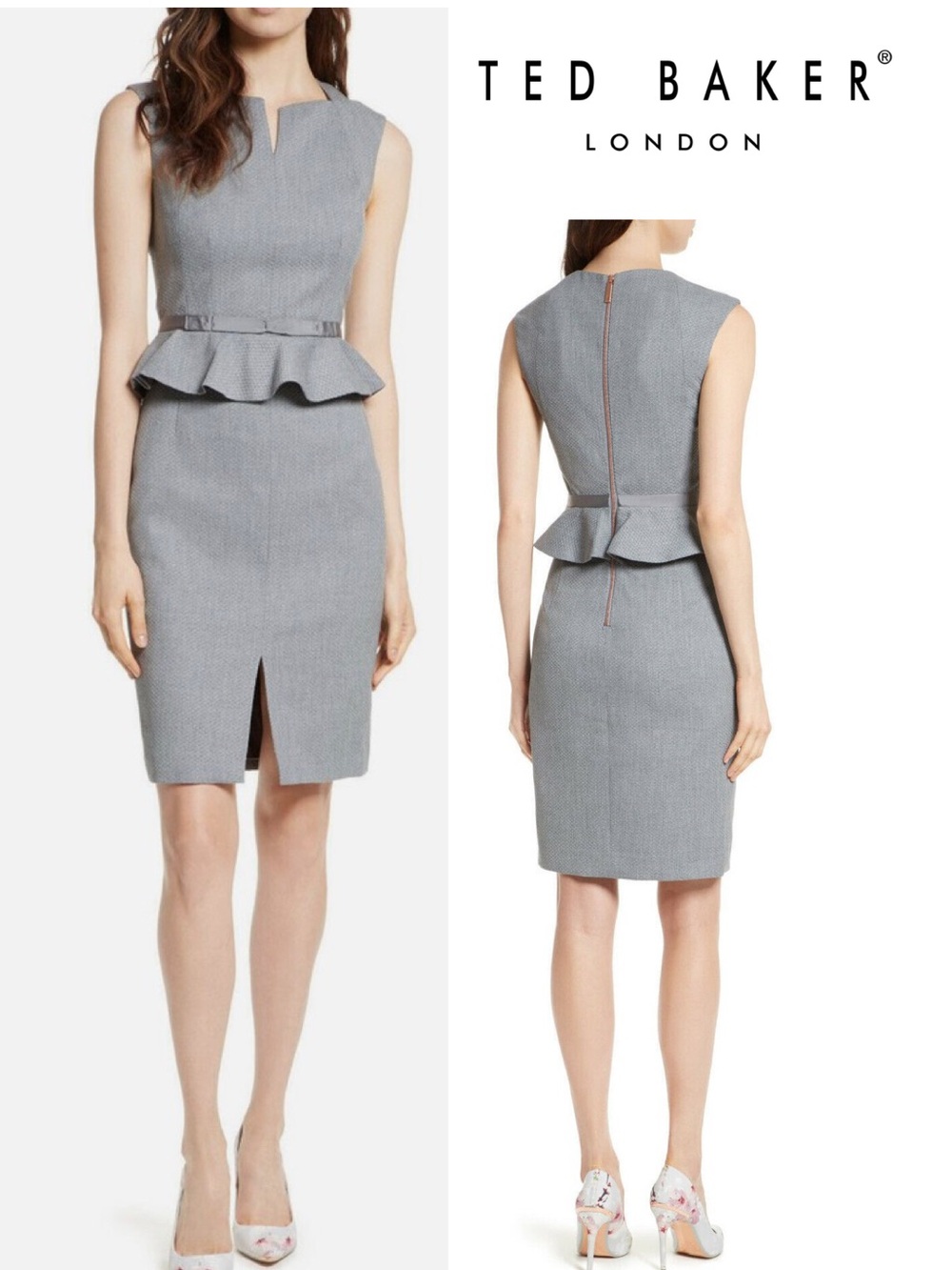 Ted Baker London Nadaed Bow Light Grey Sleeveless Peplum Midi Dress